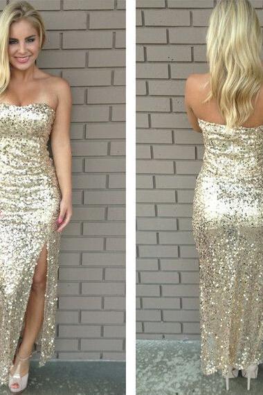 Golden Sequined 2015 Sexy Long Evening Dresses With Side Slit Formal Party Dress,bridesmaid Dresses