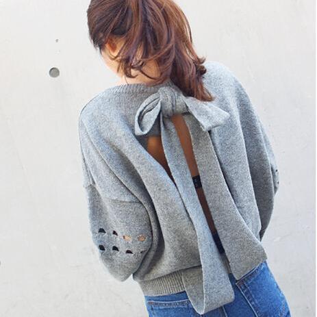 Sweater sweet Loose Backless bow lace